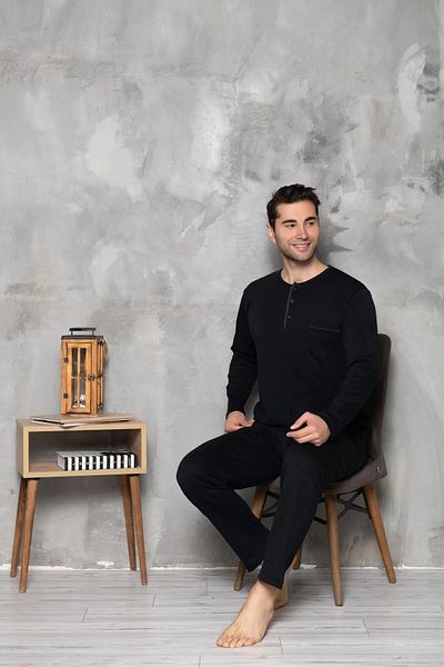 Huq Moda Μαύρες ανδρικές πιτζάμες - μακρυμάνικο, βαμβακερό χτενισμένο, χωρίς τσέπες