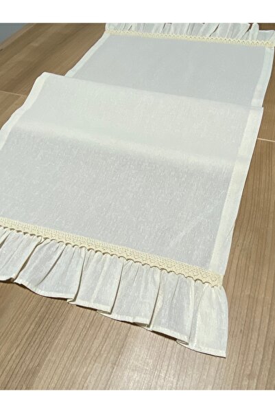 LILYUM 100% Cotton Raw Linen Runner with Ruffles and Lace Edges 40X140 cm