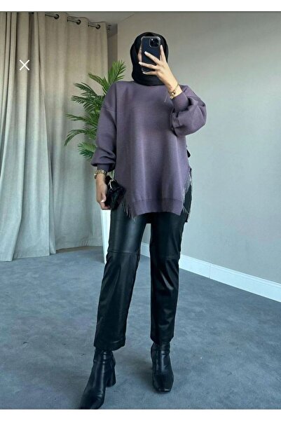 Sfg Life Moda Πέτρινη Λεπτομερής λαιμόκοψη ποδηλάτου με σχισμή πλεκτό χιτώνα μεγάλου μεγέθους - μπαλόνι μανίκι