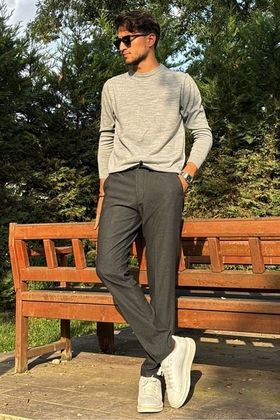inpool Men's Diagonel Fabric Elastic Waist Regular Fit Trousers - Old Money Culture, Double Leg 24Inp291