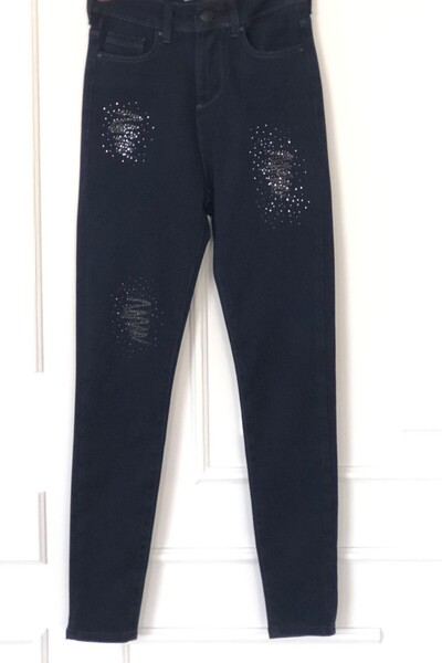 Yağmur Butik Yüksek Bel En Boy Likralı Zigzag Taş Detaylı Kot Pantolon