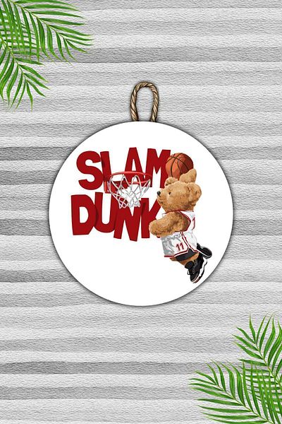 Dormot Home Modern Wooden Door Ornament - White Slam Dunk Floor Teddy Bear - Outdoor Door Ornament