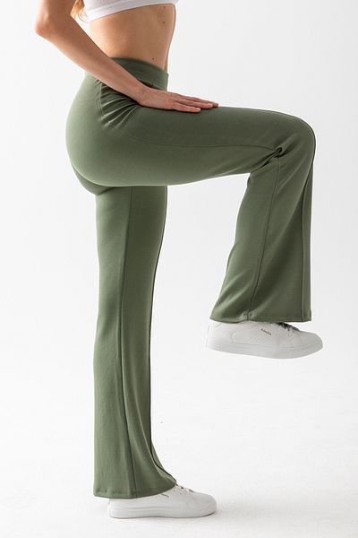 CNRCollection High Waist Ribbed Khaki Modal Leggings - Stretchy and Recovery Spanish Leg Women's Trousers