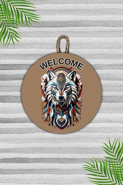 Dormot Home Modern Brown Wolf Patterned Wooden Door Ornament - Outdoor Door Ornament