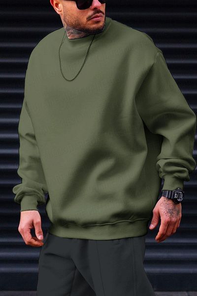 Millionaire Ανδρικό φούτερ από χακί πράσινο Oversize Fleece - 0 Crew Neck, Unprinted, Loose Loose Fit