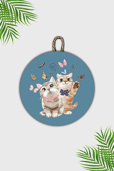 Dormot Home Modern Wooden Door Ornament - Hi Cat and Cat Door Ornament with Blue Background - Outdoor Door Ornament
