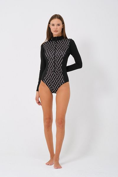 vawensea Women's Long Sleeve Zipper Slip Surfer Swimsuit Geometric Print (with Breast Pad)