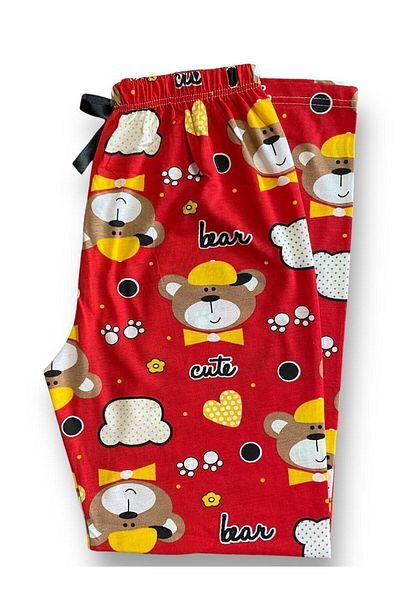 UygunHep Women's Relaxed Cut Red Yellow Teddy Bear Patterned Cotton Pajama Bottoms