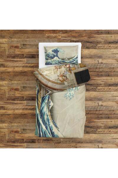 The Lucid Lab Atina Okulu & Kanagawa Oki Nami Ura Çift Taraflı Nevresim Takımı - 200 cm x 220 cm