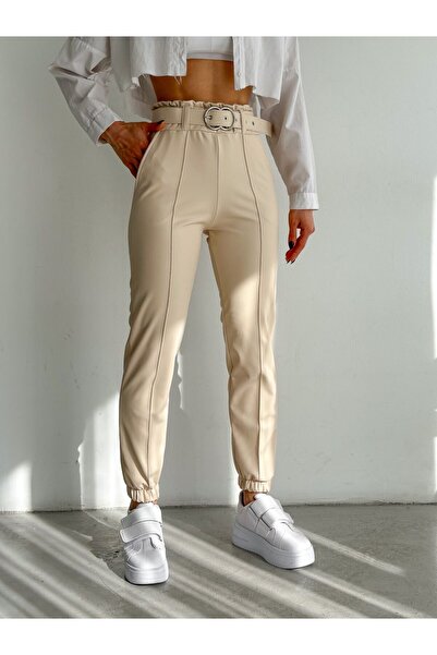 BRGCLOTHING Pantaloni din piele cu centură cu talie înaltă