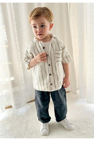 Cigit Hawaiian Muslin Shirt Set 2-8 Years Double Striped
