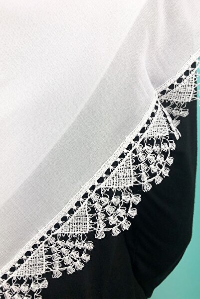 Ebruli Kadın Minacarin Şifon Dantelli Iğne Oyalı Ekru Tesettür Namaz Mevlüt Örtüsü Abiye Şal