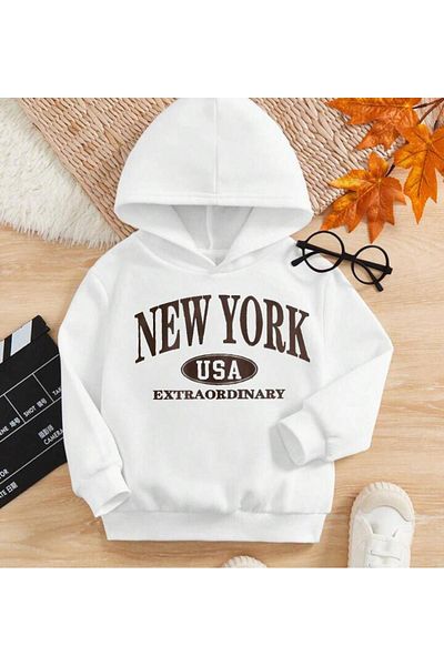 Afternoon Kids White''New York'' Printed Hooded Children's Sweatshirt