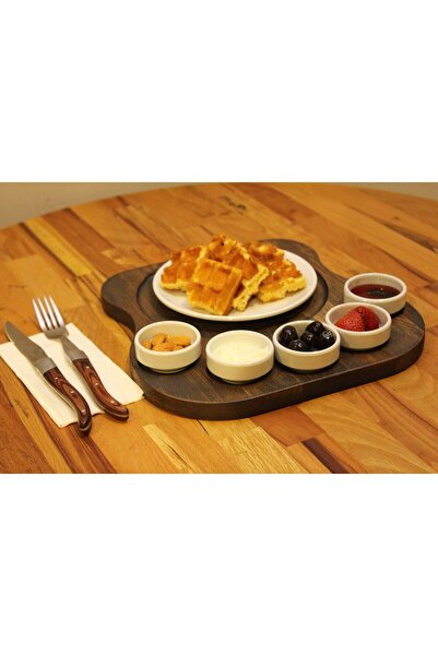 Davi Ahşap Ahşap Kişiye Özel Gürgen Ağacı Kahvaltı Sunum Tabağı – 5'li Melamin Sosluklu