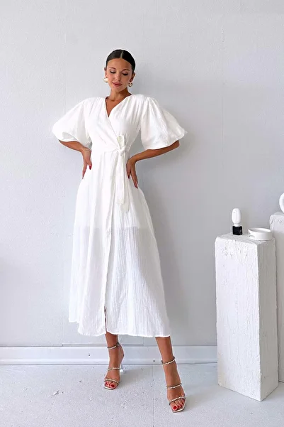 Mine Tan Butik Short Sleeve Voile Belt Detailed Dress - White