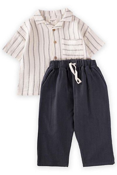 Cigit Hawaiian Muslin Shirt Set 2-8 Years Double Striped
