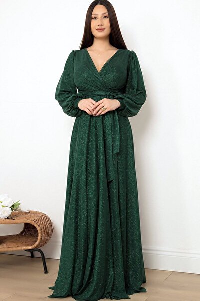 Ottawe Kruvaze Yaka Göğüs Dekolteli Balon Kol Rahat Kalıp Kuşaklı Fermuarlı Tam Boy Tül Şifon Abiye Elbise