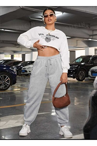 yx yustex sport Pantaloni de trening gri pentru femei, cu croială lejeră și p...