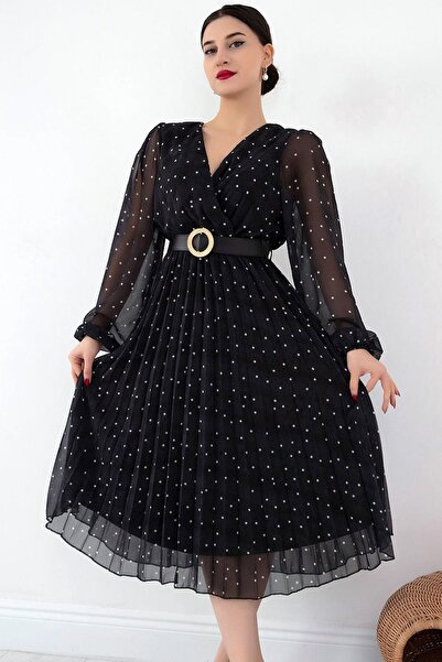 Ottawe Kruvaze Yaka Ucu Büzgülü Uzun Balon Kol Puantiye Desen Tokalı Kemerli ...