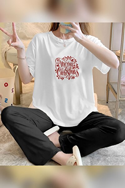 Trendglow White Black Cotton Women's Pajama Set - Wide Leg Crew Neck T-Shirt