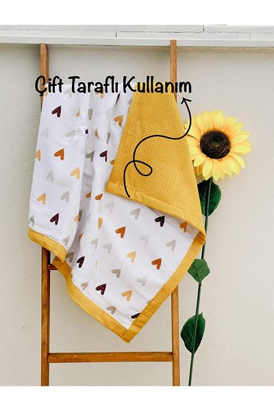 Tinybabyconcept 80X100 cm Double Sided Muslin Baby Blanket - 100% Organic Cotton, 4 Seasons Pique Heart