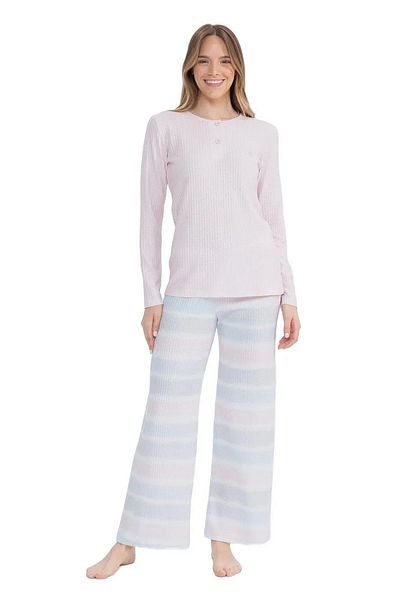 U.S. Polo Assn. Us Polo Assn. 17096 - Pink Pajama Set for Women, Perforated Fleece Waffle Fabric, Long Sleeve and Wide Leg