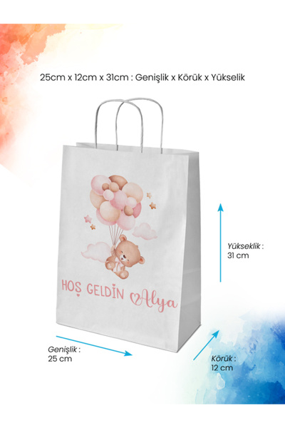 nna tasarım 50 Adet Kişiye Özel Isim Baskılı Hediyelik Kağıt Çanta/poşet 25x12x31 Cm(BT18-50)