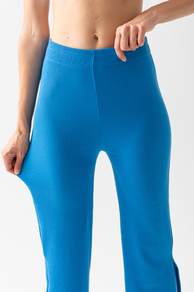 CNRCollection Kadın Mavi Lastikli Yüksek Bel Yumuşak Kumaş Bol Paça Salaş Rahat Kesim Yırtmaçlı Pantolon