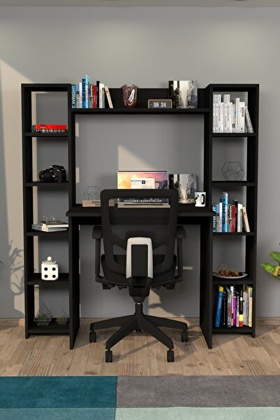 Moonlife Modern Kitaplıklı Çalışma Masası, Bilgisayar Masası Siyah