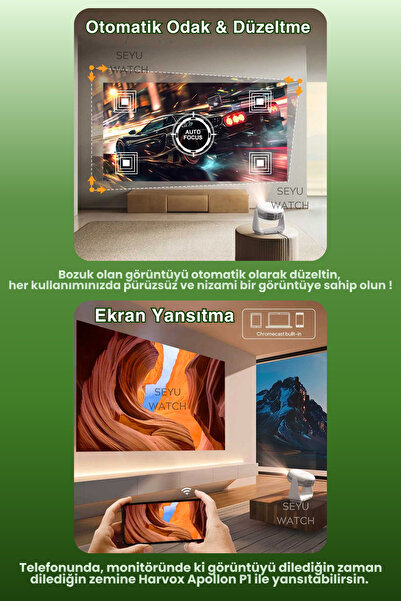 SEYUWATCH Taşınabilir Powerbankli 4K Destekli 1080P Android Sistemli Sinema Projeksiyon Cihazı