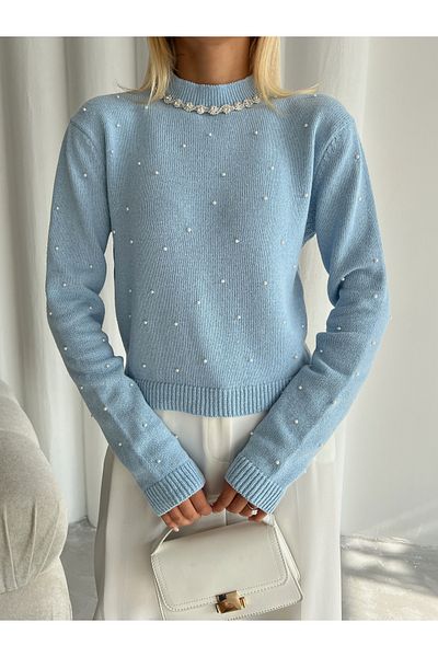 Laluvia Pulover de tricotaj cu perle albastre brodate cu piatra