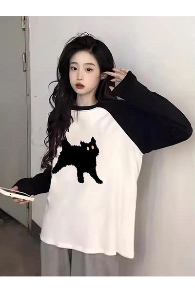 Touz Moda Λευκό μακρυμάνικο μπλουζάκι Raglan με στάμπα μαύρης γάτας