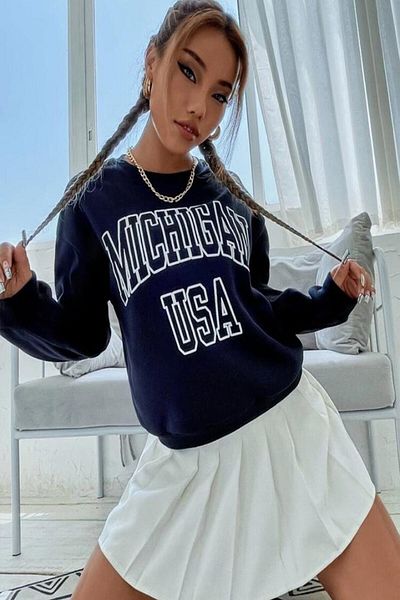 AFROGİYİM Women's Navy Blue Oversize Michigan USA Printed Sweatshirt