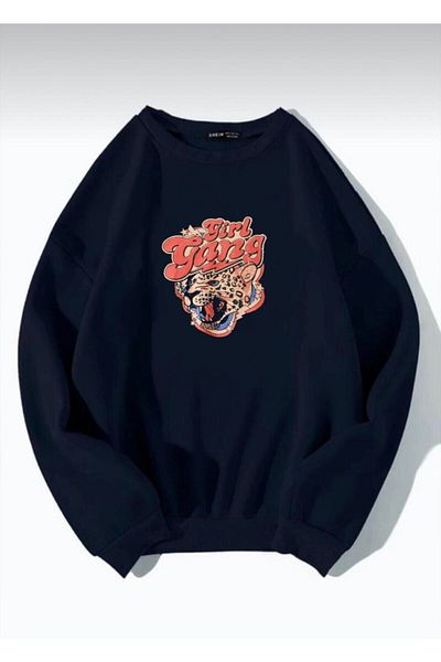 AFROGİYİM Φούτερ με στάμπα Unisex Navy Blue Oversize Girl Gang