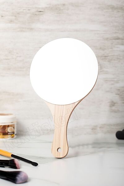 KaktüsKedi Ahşap Yuvarlak Makyaj Ve El Aynası
