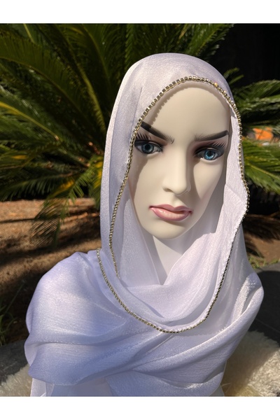 ahhu Satin Janjan Hijab Evening Dress - Shiny Stone Detailed Shawl