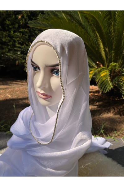 ahhu Satin Janjan Hijab Evening Dress - Shiny Stone Detailed Shawl