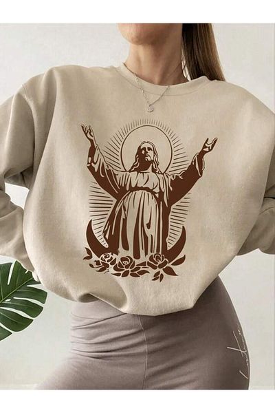 AFROGİYİM Φούτερ Unisex Jesus Printed Oversize Crew Neck