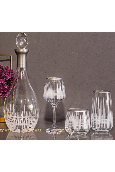 sudeka 37 Parça 12 Kişilik Üççember Gümüş El Dekor Kesme Cam Su Bardak Takımı...