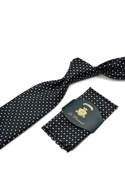 Kravatkolik Black Classic Tie with Handkerchief Pattern - Kk12834