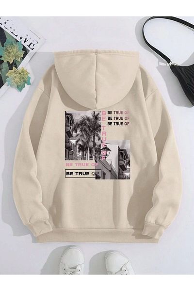 AFROGİYİM Unisex Be True Printed Oversize Hooded Fleece Hoodie