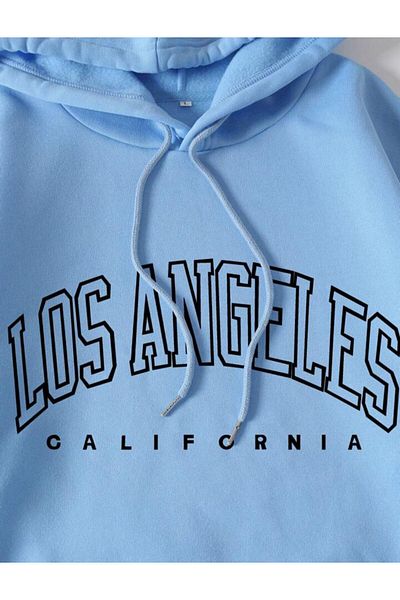 AFROGİYİM Unisex Los Angeles Baby Blue Printed Oversize Hoodie