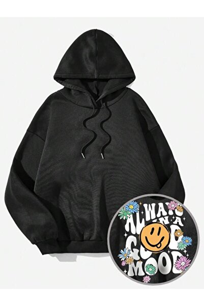 AFROGİYİM Unisex Always Good Mood Printed Oversize Hoodie