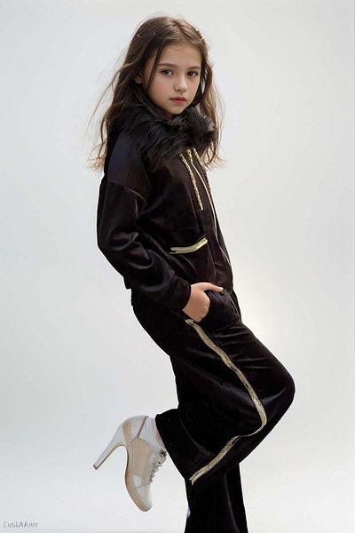 Riccotarz Girl - Black Tracksuit Set with Gold Rope Detail and Fur Hood