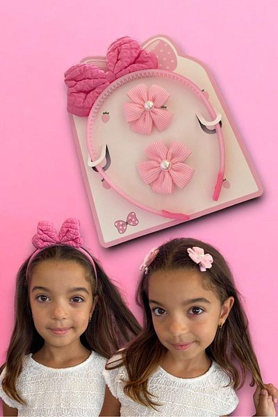 TAKIŞTIR Pink Color Ribbon Figured Crown and Side Buckle Set