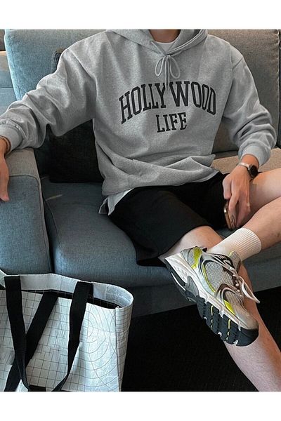 AFROGİYİM Ανδρικό φούτερ με στάμπα Hollywood σε γκρι χρώμα
