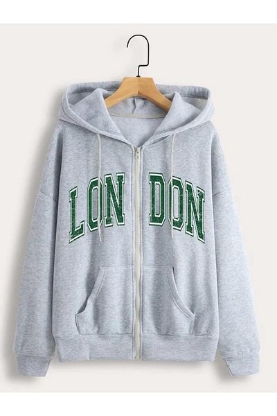 AFROGİYİM Women's London Printed Hooded Zippered Oversize Cardigan