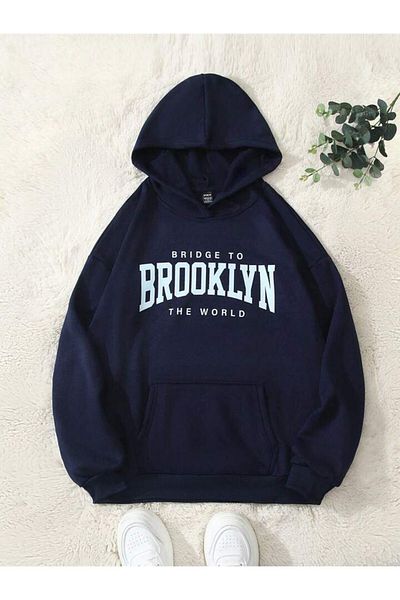 AFROGİYİM Unisex Navy Blue Bridge To Brooklyn Printed Oversize Hoodie Hoodie