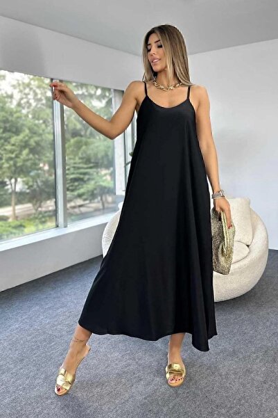 buqre's moda Rochie lungă neagră cu bretele ajustabile