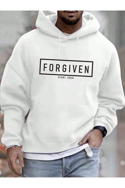 AFROGİYİM Unisex White For Given Printed Oversize Hoodie